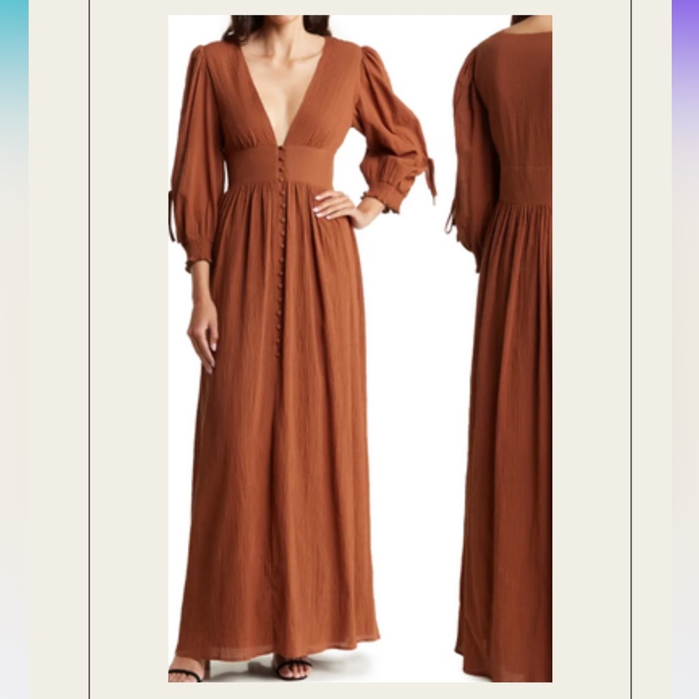 Areastars maxi dress, long sleeves, buttons. Medium, plum